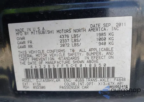 2012 Mitsubishi Galant Es/Se из США, поврежденный, VIN 4A32B3FF5CE010950